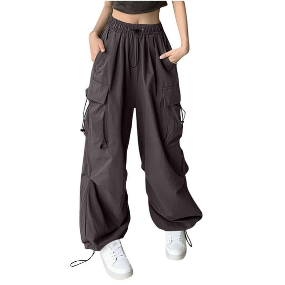 Women's Cargo Pants Loose Wide Leg Trendy Parachute Pants High Waist Joggers Sports Trousers With Pockets Gray L