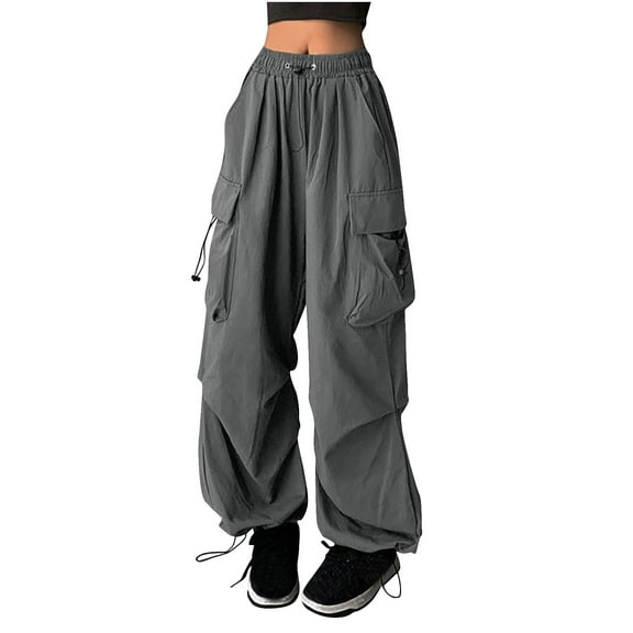 Women's Cargo Pants Loose Wide Leg Trendy Parachute Pants High Waist Joggers Sports Trousers With Pockets Gray L