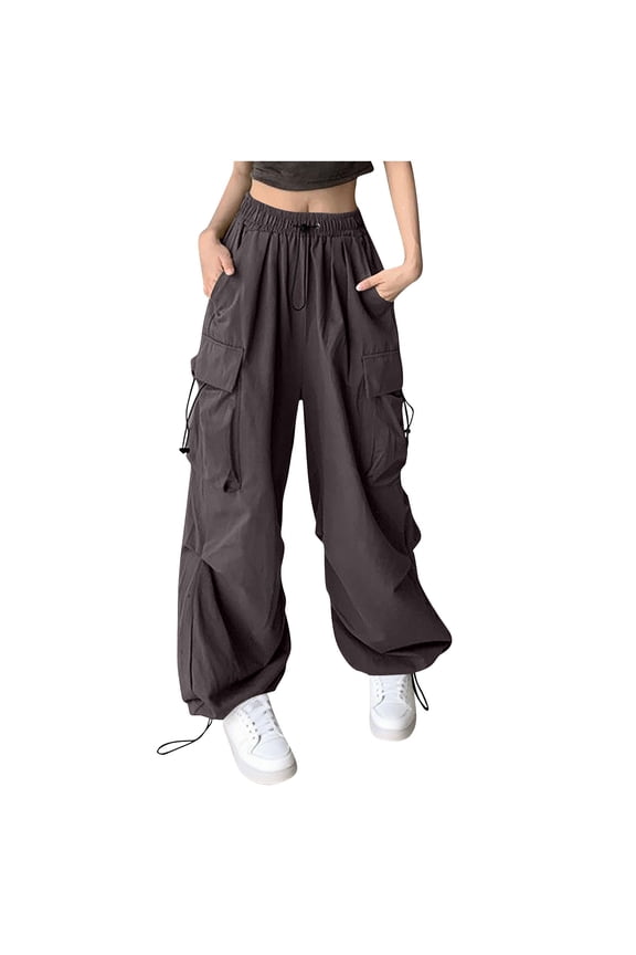 Women's Cargo Pants Loose Wide Leg Trendy Parachute Pants High Waist Joggers Sports Trousers With Pockets Gray XL