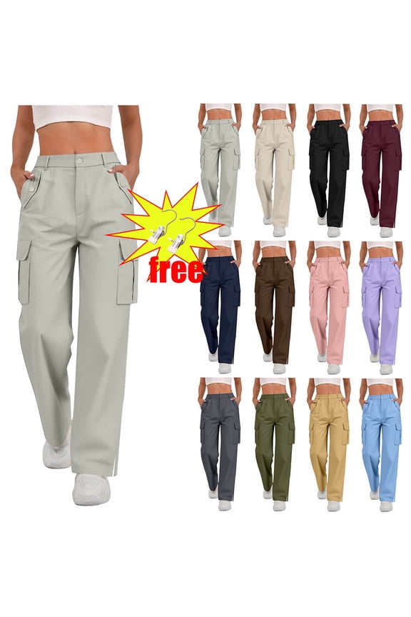 Women's Cargo Pants Pants for Women Ndbuld Fashion Pants Women Ladies Solid-color Stretch Belt Long Pants String Button Pockets Pants Trousers Gray L