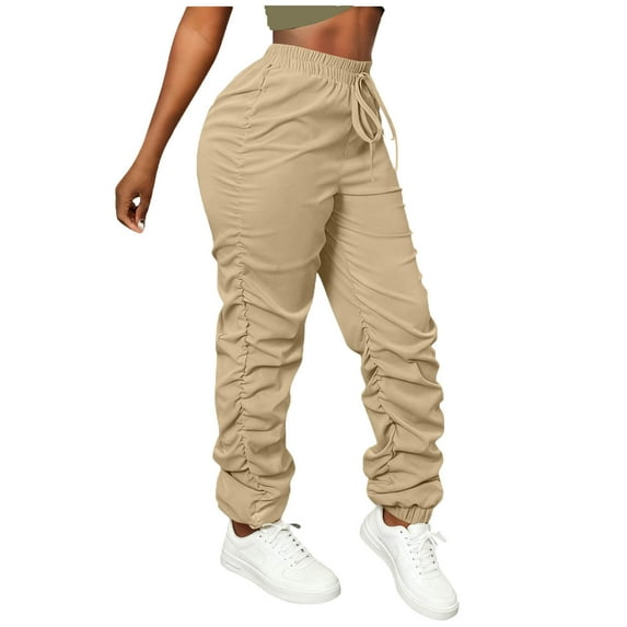 Women's Cargo Pants Slim-Leg Stretch Drawstring Ruched Sweatpants Elastic Cinched Bottom High Waist Trousers (2XL, Khaki)