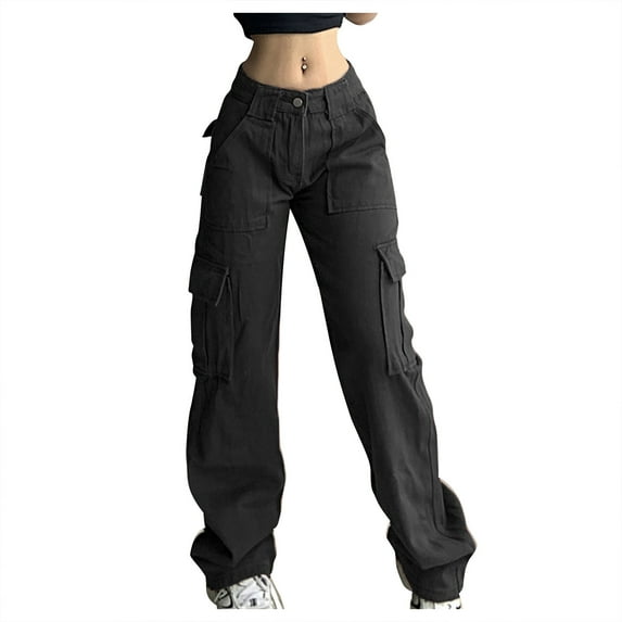 Women's Cargo Pants Solid Casual Mid Wasit Pants with Multi-Pockets Straight Leg Pants Regular Fit Outdoor Pants(M,Black)