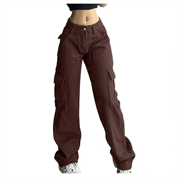 Women's Cargo Pants Solid Casual Mid Wasit Pants with Multi-Pockets Straight Leg Pants Regular Fit Outdoor Pants(S,Coffee)