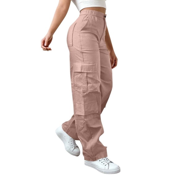 Women's Cargo Pants Solid Color Lightweight Straight Leg Work Pant Zipper Button Outdoor Joggers Trousers with Pockets Pink M