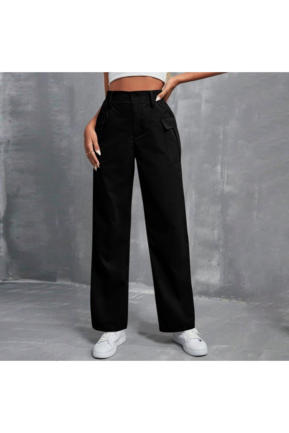Women's Cargo Pants, Solid Color Straight Leg Button Fly Elastic Waist Pants, Utility Style Casual Pants for Streetwear or Work, Black - M