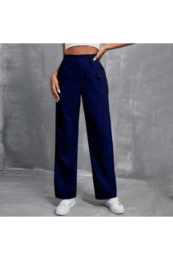 Women's Cargo Pants, Solid Color Straight Leg Button Fly Elastic Waist Pants, Utility Style Casual Pants for Streetwear or Work, Navy - XL