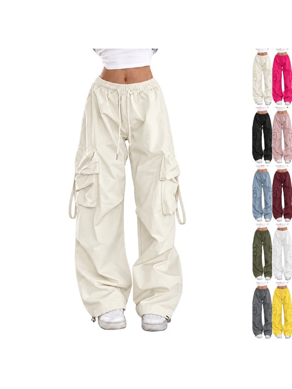 Women's Cargo Pants Wide Leg Drawstring Elastic Waist Multi Flap Pockets | Casual Baggy Parachute Trousers Adjustable Ankle Streetwear Pants Daily Wear Bottoms Beige XXL