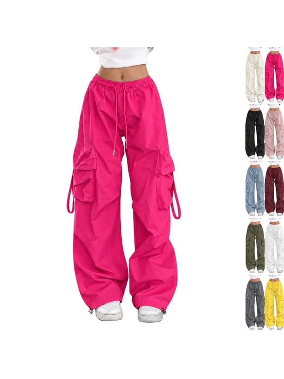Women's Cargo Pants Wide Leg Drawstring Elastic Waist Multi Flap Pockets | Casual Baggy Parachute Trousers Adjustable Ankle Streetwear Pants Daily Wear Bottoms Pink M