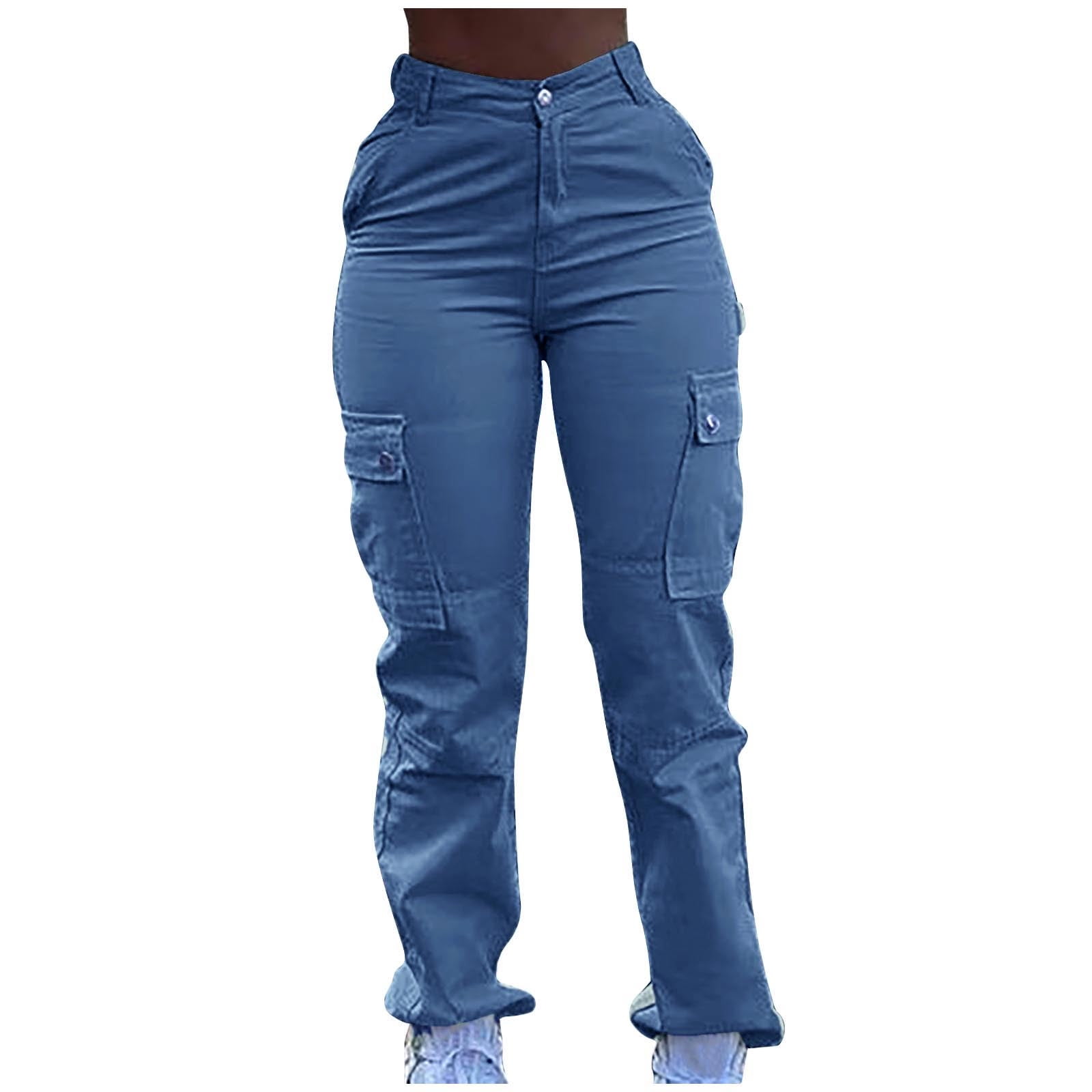 【WOOHWA】BLUE POCKET CARGO PT ZQUUVOU Women's Cargo Pants With High Waist Multi Pocket