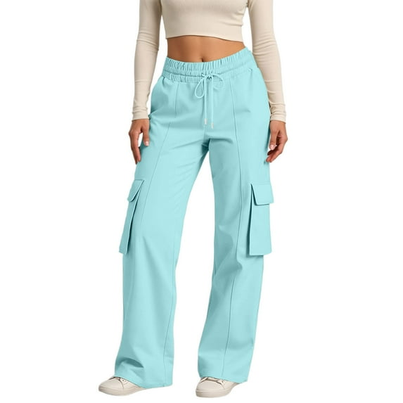 Women's Cargo Pants Women Casual Pants High Waist Elastic Waistband Drawstring Utility Wide Leg Cargo Sweatpants Light Blue XXL