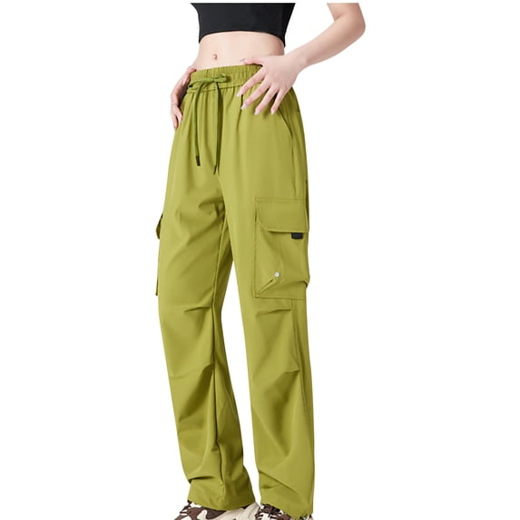 Women's Cargo Pants Women High Waisted Baggy Joggers Casual Windbreaker Sports Pants with Multi-Pockets Green L