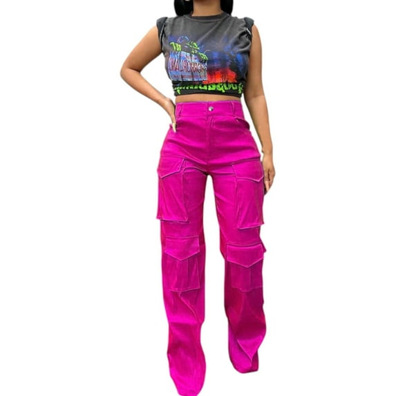 Women’s Cargo Pants with Flap Side Pockets – High Waisted Loose Fit Straight Leg Casual Streetwear Pants with Pockets