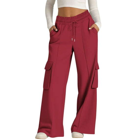 Women's Cargo Pants with Pockets, Cord Lock Elastic Waist Lightweight Casual Hiking Pants for Women Solid Color Loose Straight Leg Pants Trousers