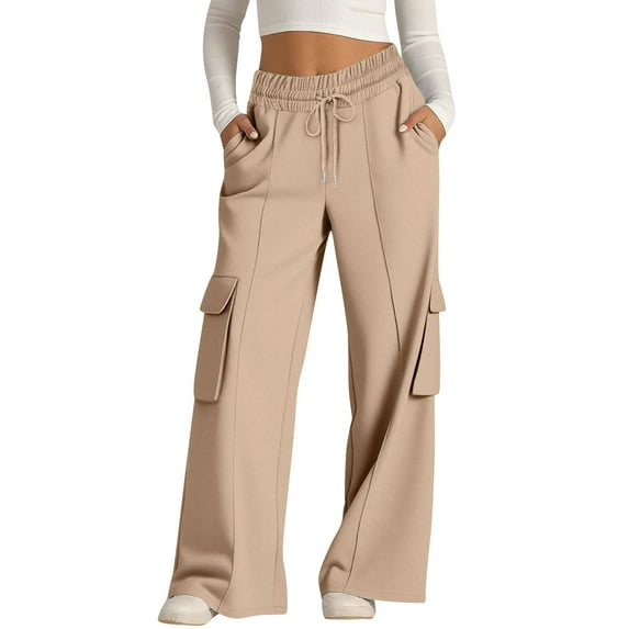 Women's Cargo Pants with Pockets, Cord Lock Elastic Waist Lightweight Casual Hiking Pants for Women Solid Color Loose Straight Leg Pants Trousers