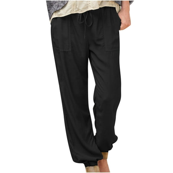 Women's Cargo Pants with Pockets Loose Drawstring Elastic Waist Solid Color Linen Sports Lounge Long Pants Trousers
