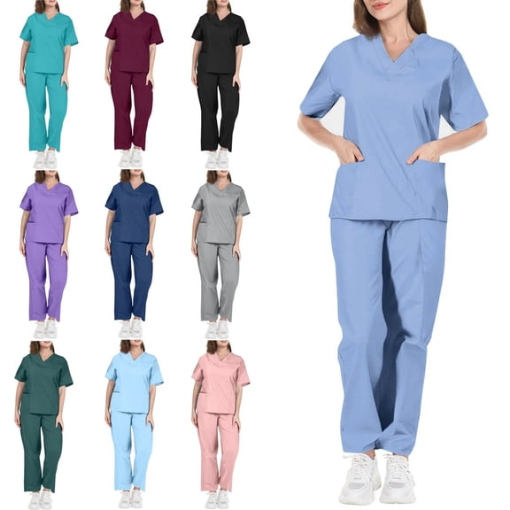 Women’s Cargo Scrub Set 4-Way Stretch Lightweight V-Neck Scrub Top & Cargo Pant Uniform Set Light Blue M