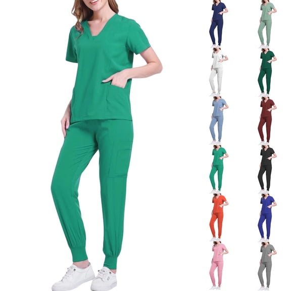 Women's Cargo Scrub Set, V-Neck Top with Chest & Side Pockets & Relaxed Fit Pants, Practical Workwear for CNAs & Caregivers Vermilion 2XL