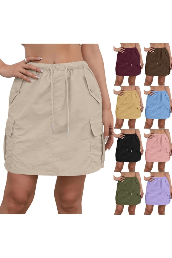 Women's Cargo Short Skirts Casual Outdoor Sport Elastic High Waist String Button Pockets Mini Skirt