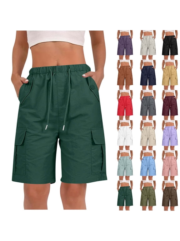 Women’s Cargo Shorts High Waisted Elastic Waist Drawstring Casual Loose Bermuda Shorts with Pockets Summer Outdoor Wear Green M