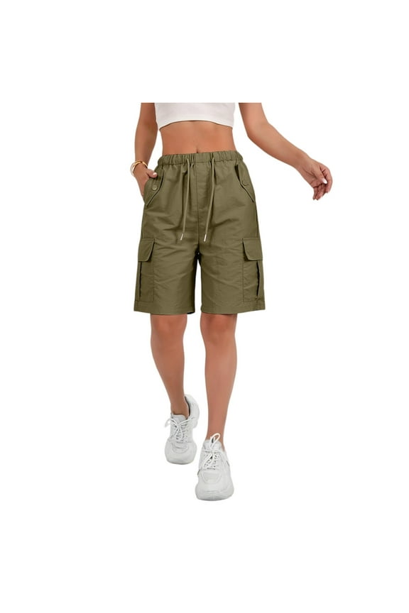 Women's Cargo Shorts Hiking Bermuda Trouser Shorts Drawstring Stretchy Athletic Golf Shorts Casual Knee Length Relaxed Fit Lightweight Shorts Army Green L