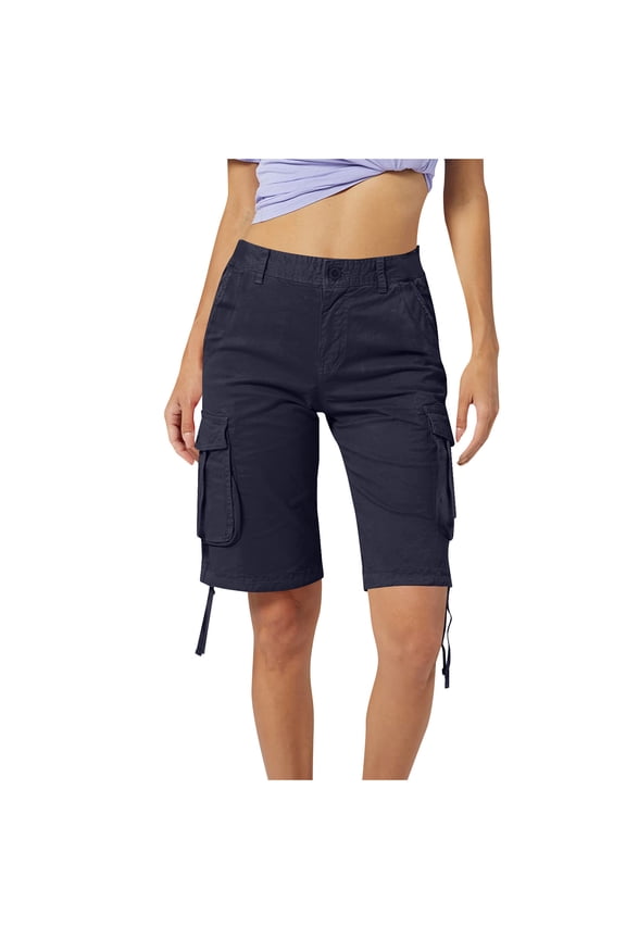 Women's Cargo Shorts, Loose Fit Zipper Multi-Pockets Twill Knee-Length Bermuda Drawstring Shorts