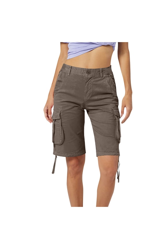 Women's Cargo Shorts, Loose Fit Zipper Multi-Pockets Twill Knee-Length Bermuda Drawstring Shorts