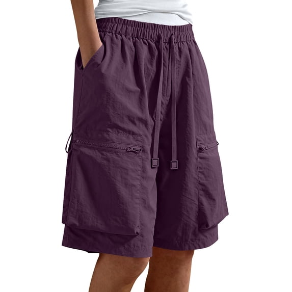 Women's Cargo Shorts Loose Wide Leg Bermuda Long Shorts Multi Pockets Quick Dry Drawstring Sweatshorts (XL, Purple)