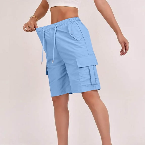 Women's Cargo Shorts Summer Casual Wide Leg Hiking Shorts with Large Flap Pockets High Elastic Waist Drawstring Lightweight Outdoor Activewear Relaxed Fit