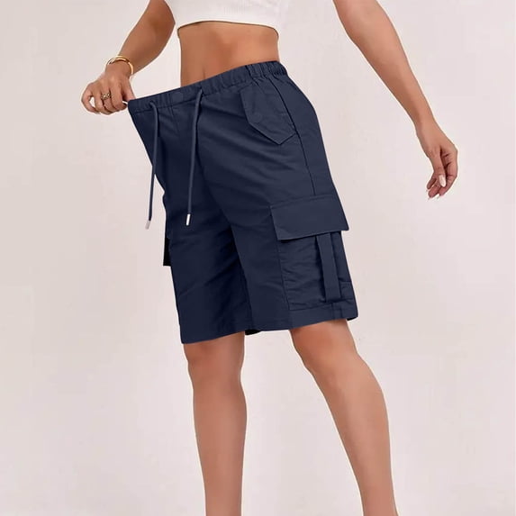 Women's Cargo Shorts Summer Casual Wide Leg Hiking Shorts with Large Flap Pockets High Elastic Waist Drawstring Lightweight Outdoor Activewear Relaxed Fit