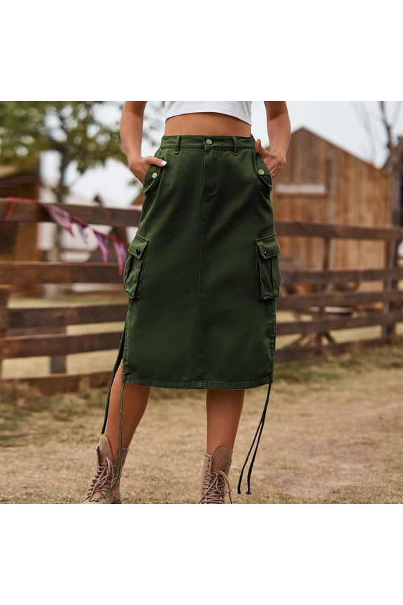 Women's Cargo Skirt Knee Length Summer Skirt High Waisted Y2K Short Skort Army Green L