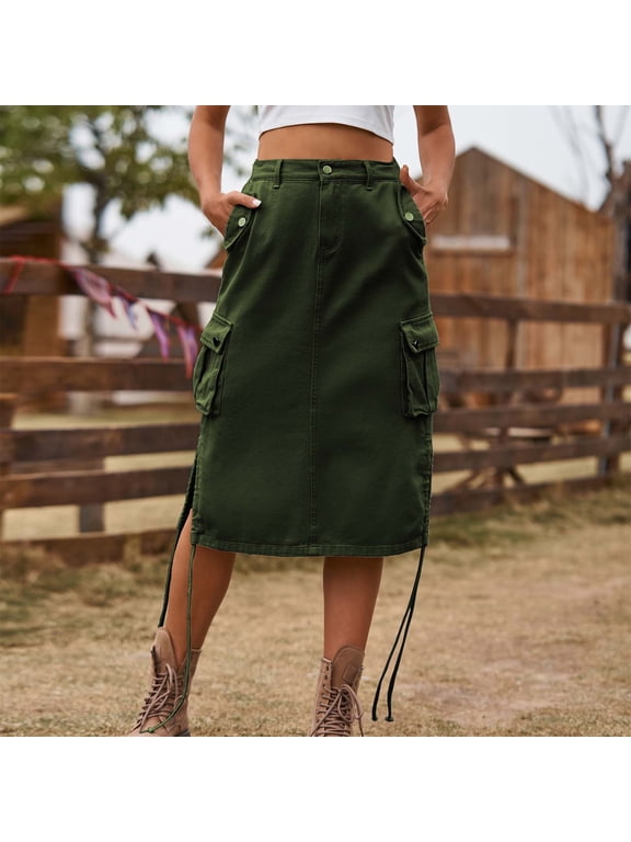 Women's Cargo Skirt Knee Length Summer Skirt High Waisted Y2K Short Skort Army Green S