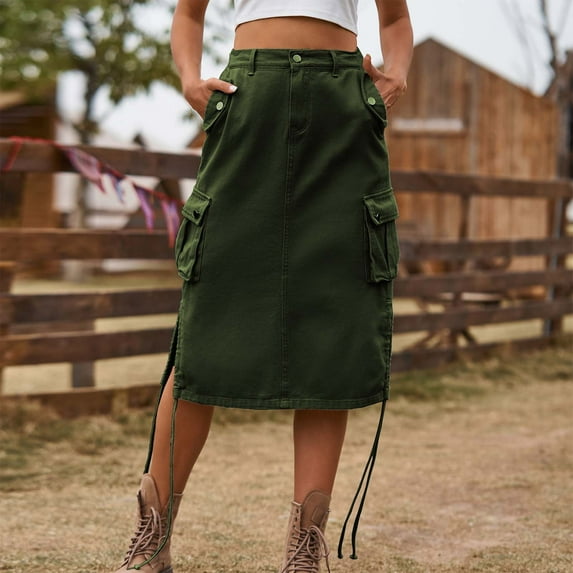 Women's Cargo Skirt Knee Length Summer Skirt High Waisted Y2K Short Skort Army Green XXL