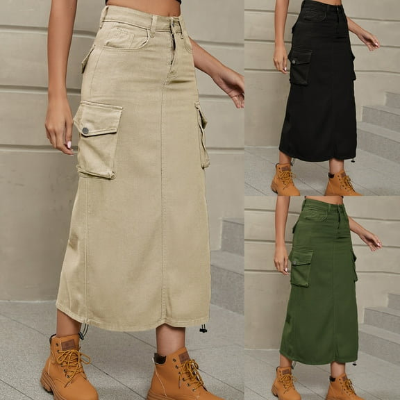 Women's Cargo Skirts Causal Midi Skirt Summer Button Drawstring Y2K Denim Skirt Streetwear with Pockets