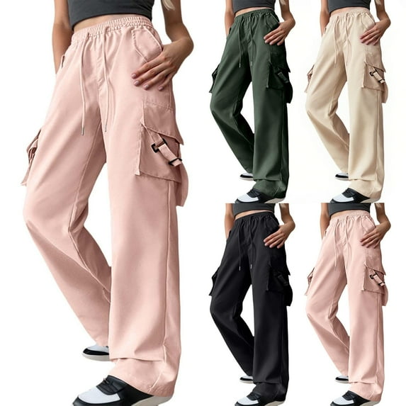 Women's Cargo Style Lounge Pants with Elastic Waist and Tie Detail Comfortable Relaxed Fit Trousers with Pockets