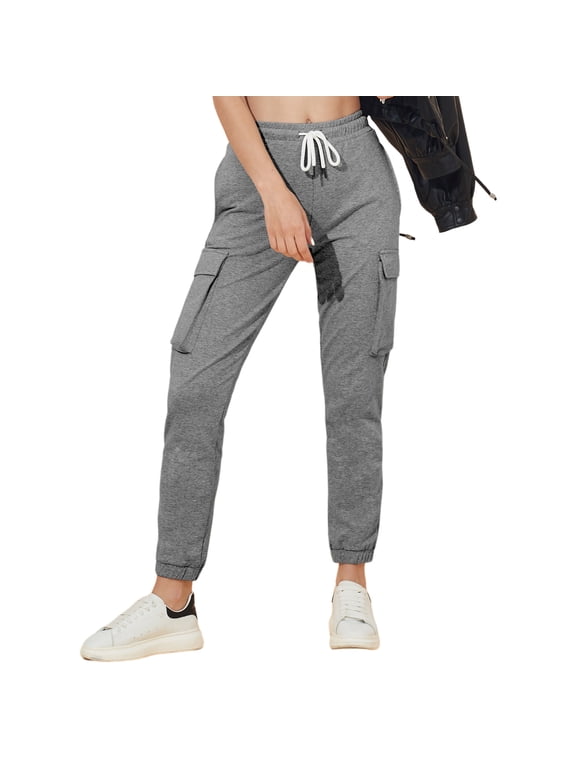 Women's Cargo Sweatpants with 4 Pockets Cotton Jogger Pants Elastic Waist Athletic Lounge Pants for Running Yoga Gym