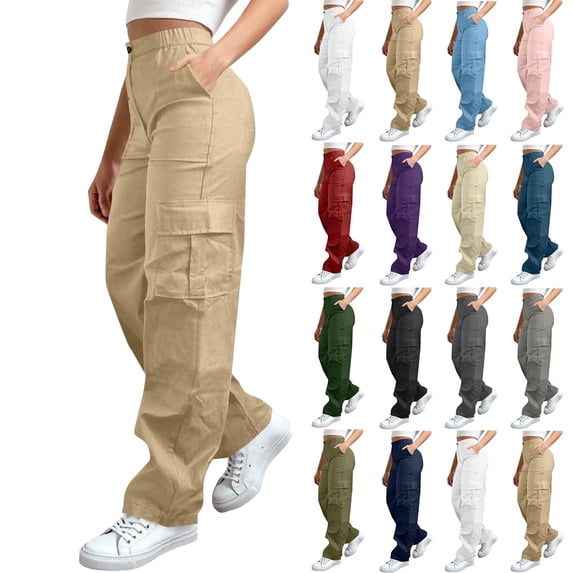 Women's Cargo Sweatpants Fashionable Elastic Waist Pants Solid Color Stretch Waist Buttoned Casual Multiple Pockets Wide Leg Baggy Loose Elastic Drawstring Pants