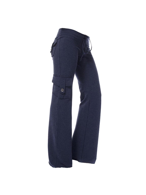 Women's Cargo Sweatpants, Low-Rise Workout Straight Leggings with Multipockets Butt Lifting Wide Leg Workwear Pants with Drawstring, Navy, Medium