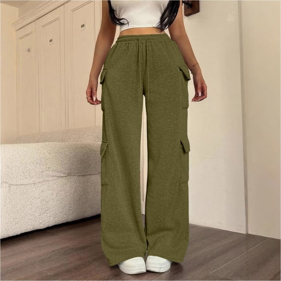 Women's Cargo Sweatpants Solid Color Drawstring Multi Pocket Elastic Waist Wide Leg Loose Straight Fit Casual Daily Athletic Long Pants, Baggy Sweatpants for Women Army Green c S