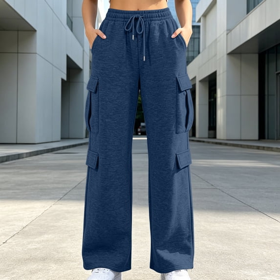 Women's Cargo Sweatpants Solid Color Drawstring Multi Pocket Elastic Waist Wide Leg Loose Straight Fit Casual Daily Athletic Long Pants, Baggy Sweatpants for Women Navy a XXL