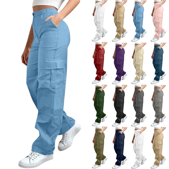 Women's Cargo Sweatpants Solid Color Elastic Waist Full Length Pants Casual Stretch Waist Buttoned Y2K Drawstring Trousers Wide Leg Pants With Side Pockets