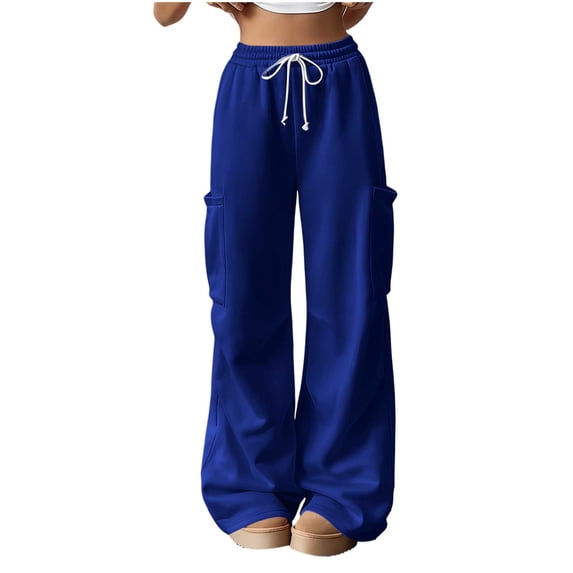 Women's Cargo Sweatpants Wide Leg Athletic Pants with Drawstring Waist & Pockets Women's Casual Solid Color Elastic Waist Sweatpants