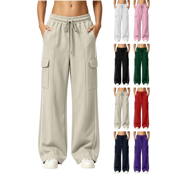 Women's Cargo Sweatpants Wide Leg Joggers Solid Color Drawstring Side Stripe Baggy Lounge Pants with Pockets