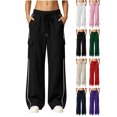 thumbnail image 1 of Women's Cargo Sweatpants Wide Leg Joggers Solid Color Drawstring Side Stripe Baggy Lounge Pants with Pockets, 1 of 6