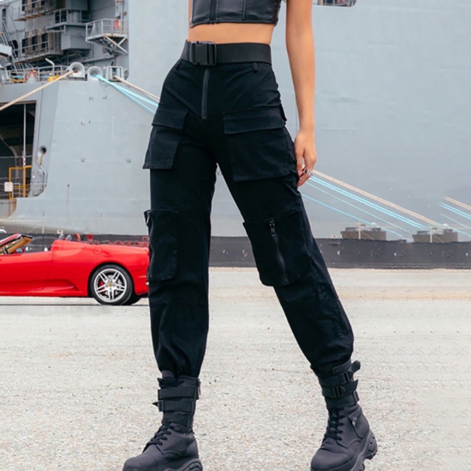 Women's Cargo Trousers Work Wear Combat Safety Cargo 6 Pocket Full Pants  Black S 