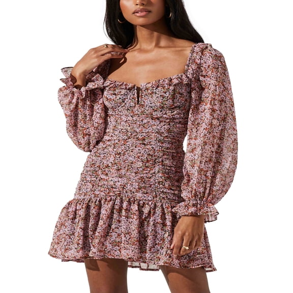 Women's Carmella Printed Ruched Ruffled Dress Black Pink Floral XS