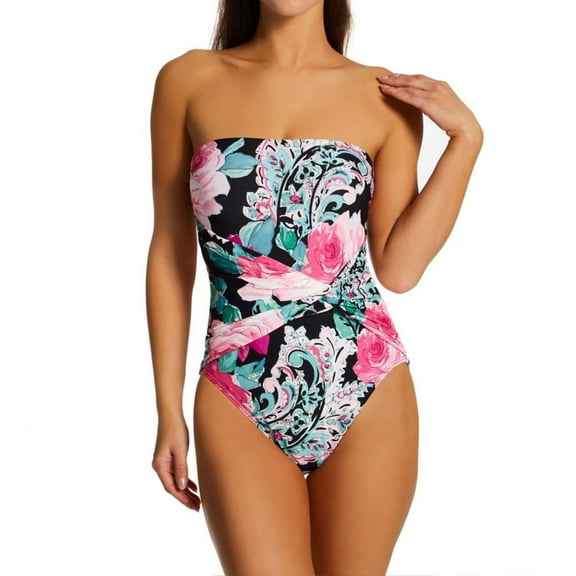 Women's Carmen Marc Valvo C2H447 Botancio Rosa Knot Bandeau One Piece Swimsuit (Black 4)