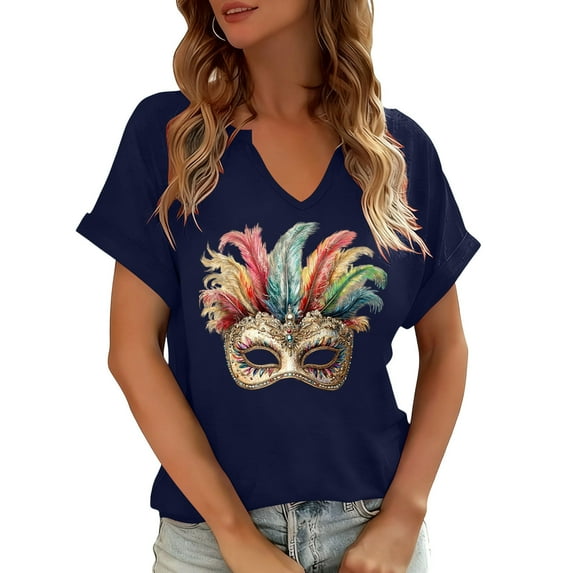 Women's Carnival Colorful Print Tops V-Neck Short Sleeve Everyday Blouse Navy XXL