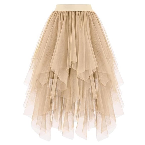 Women's Carnival Midi Length Skirt Elegant Sheer Layered Ruffled Hem Lightweight Flowy Casual Party Beige Skirt M