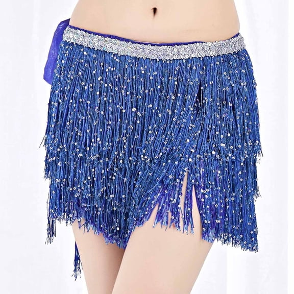 Women's Carnival Mini Skirts Bohemian Waist Scarf Sequins Fringe Belly Dance Wrap Party Blue Skirt One Size