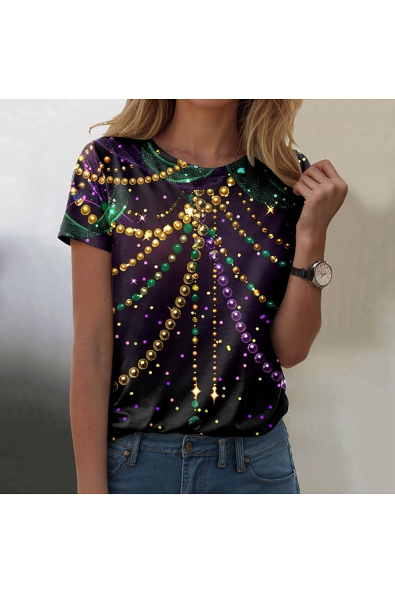 Women's Carnival Print Fashion Casual T Shirt Womens Solid Tee Shirts Loose Fit Top Women Med Womens Shirts Light Long Sleeve Medium Shirt T Shirt Women Short Sleeve Active Shirts Women Short Sleeve